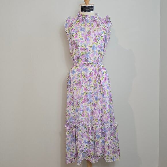 Emma & Michelle Floral Print Sleeveless Ruffle Neck Chiffon Midi Dress Sz Small - Picture 1 of 8